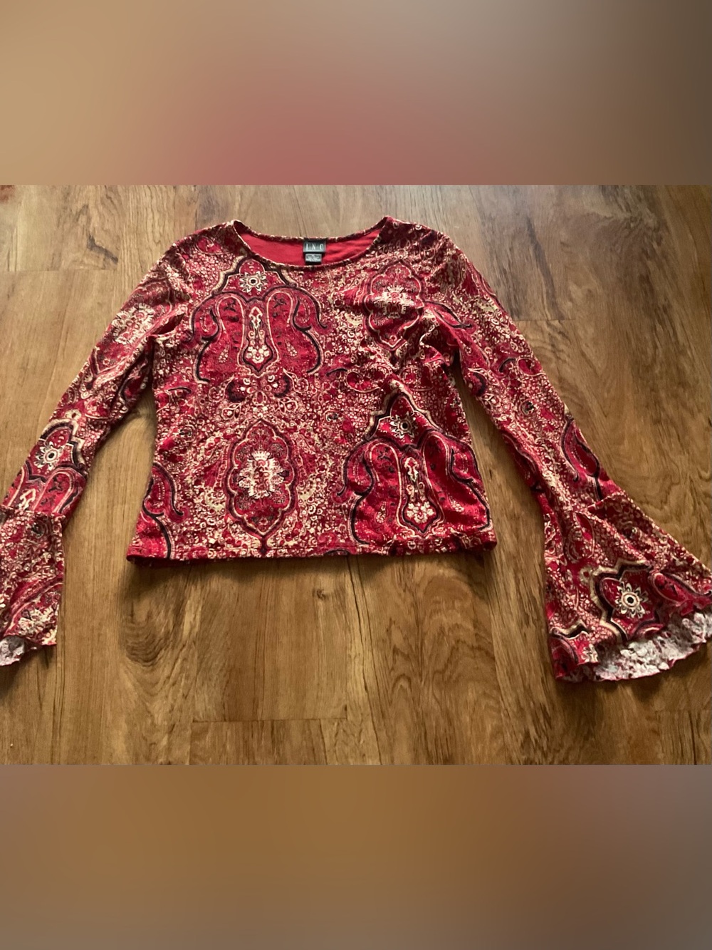 INC International Concepts Red Paisley Velvet Long-Sleeve Top